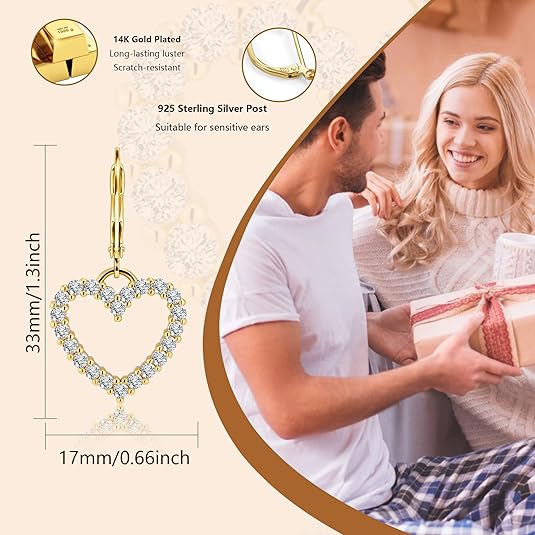 Aureza Heart Dangle Earrings – Gold Plated Leverback Drop Earrings for Women