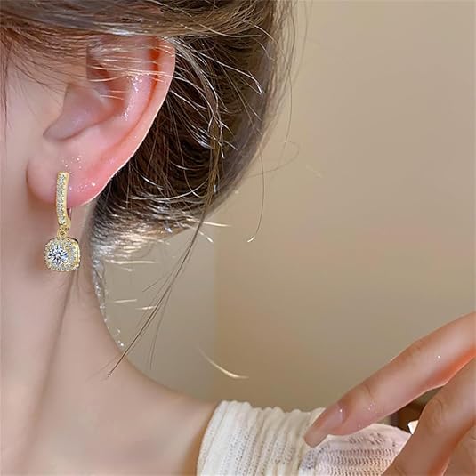 Cubic Zirconia Dangle Hoop Earrings – 18K White Gold Plated Princess Cut Halo Drop Earrings for Women