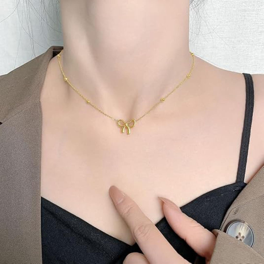 14K Gold Plated Bow Necklace for Women – Elegant Ribbon Choker, Luxury Jewelry by Aureza