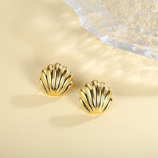 Gold Seashell Stud Earrings for Women – 14K Gold Plated Beach Jewelry
