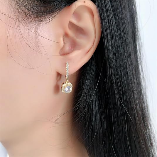 Cubic Zirconia Dangle Hoop Earrings – 18K White Gold Plated Princess Cut Halo Drop Earrings for Women