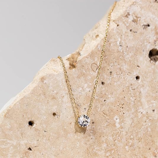Aureza 14K Gold Plated Crystal Necklace – 1.5 Carat Solitaire Choker for Women