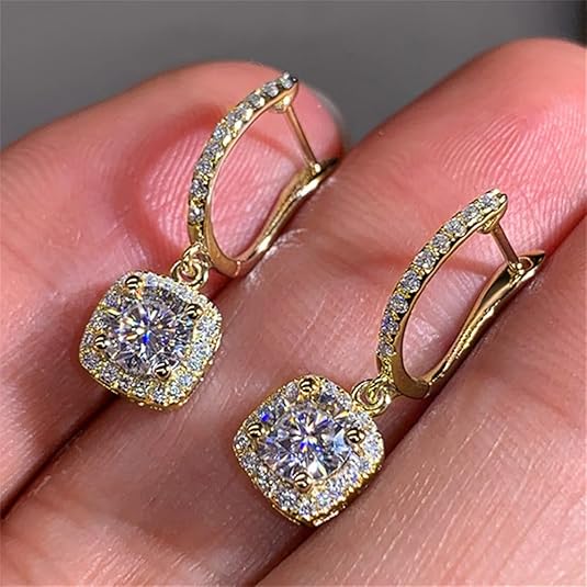 Cubic Zirconia Dangle Hoop Earrings – 18K White Gold Plated Princess Cut Halo Drop Earrings for Women