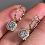 Cubic Zirconia Dangle Hoop Earrings – 18K White Gold Plated Princess Cut Halo Drop Earrings for Women