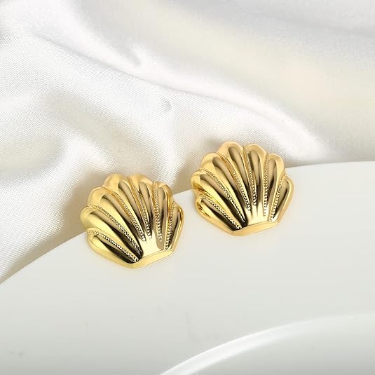 Gold Seashell Stud Earrings for Women – 14K Gold Plated Beach Jewelry
