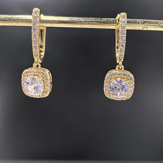 Cubic Zirconia Dangle Hoop Earrings – 18K White Gold Plated Princess Cut Halo Drop Earrings for Women