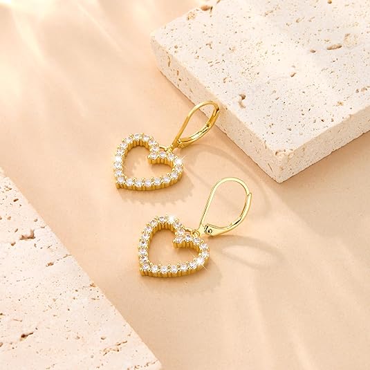 Aureza Heart Dangle Earrings – Gold Plated Leverback Drop Earrings for Women