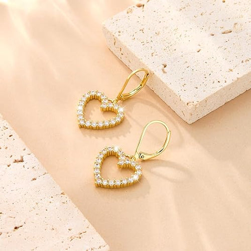 Aureza Heart Dangle Earrings – Gold Plated Leverback Drop Earrings for Women