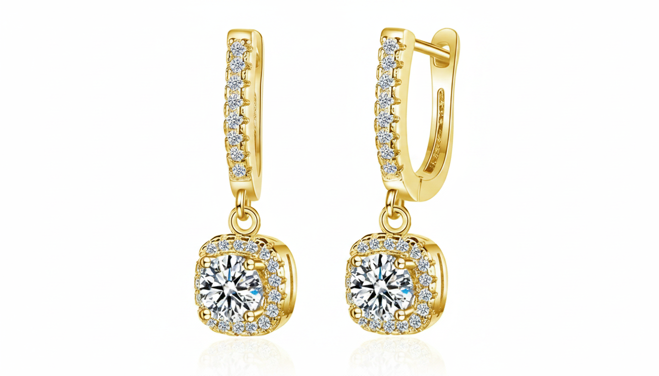 Cubic Zirconia Dangle Hoop Earrings – 18K White Gold Plated Princess Cut Halo Drop Earrings for Women